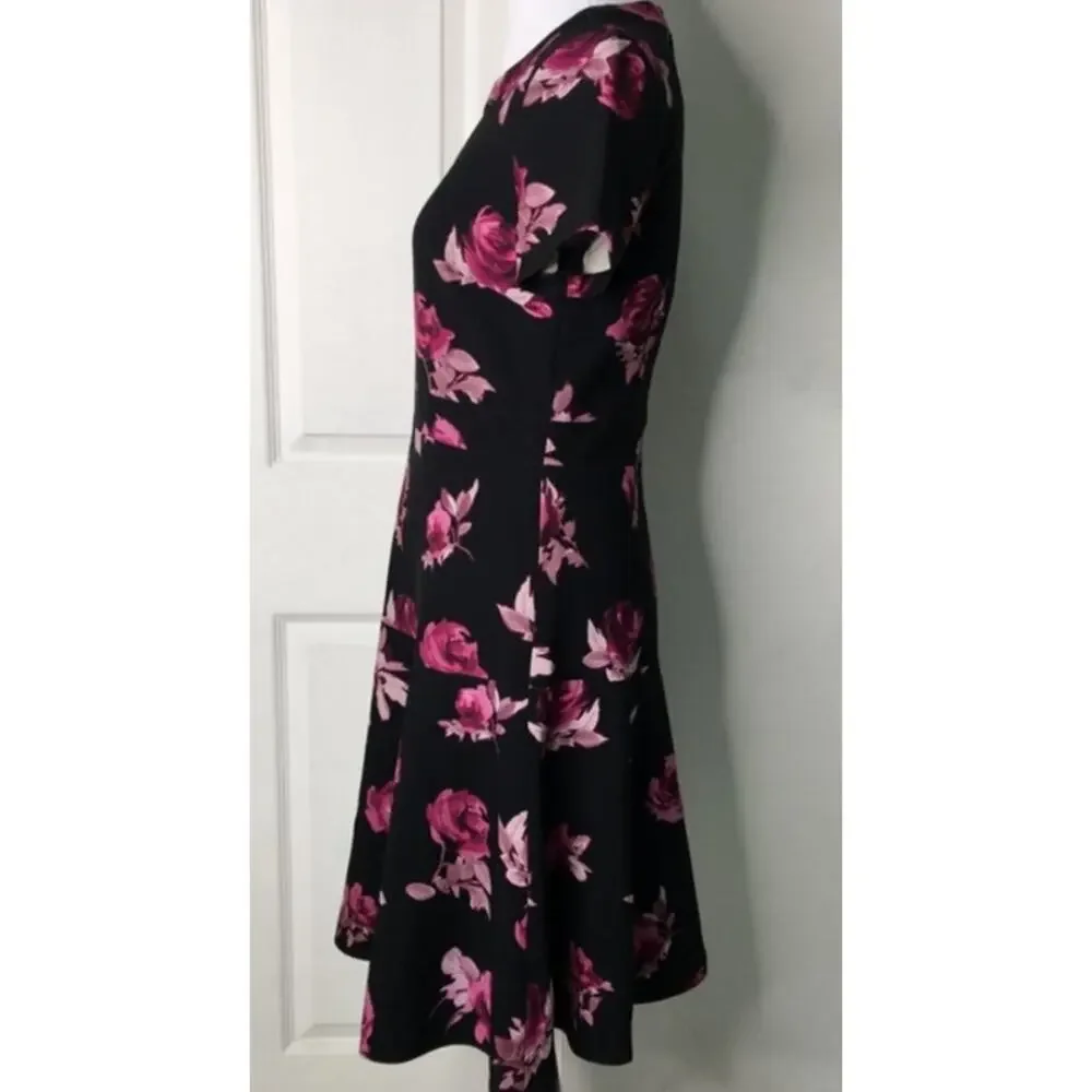 Kate Spade Womens Open Flare Dress size 4 Black Floral Roses Short Sleeve
